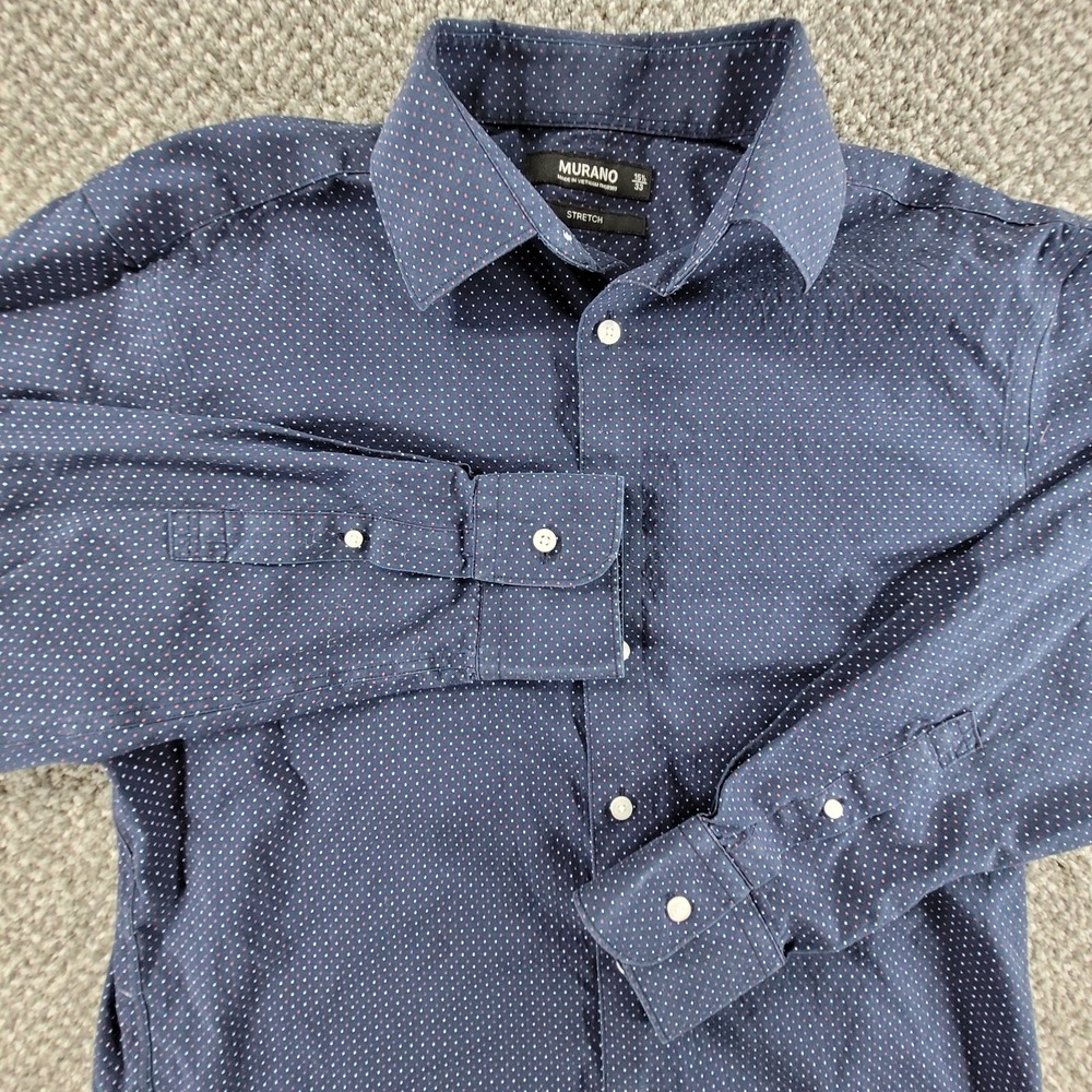 Murano Stretch Button Down Mens Shirt Blue Polka Dot Long Sleeve Size 15.5 / 33